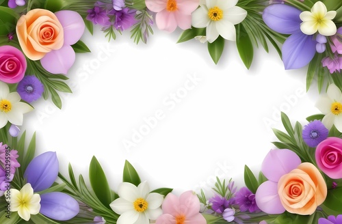 Background with a floral frame featuring spring flowers. Free space for words