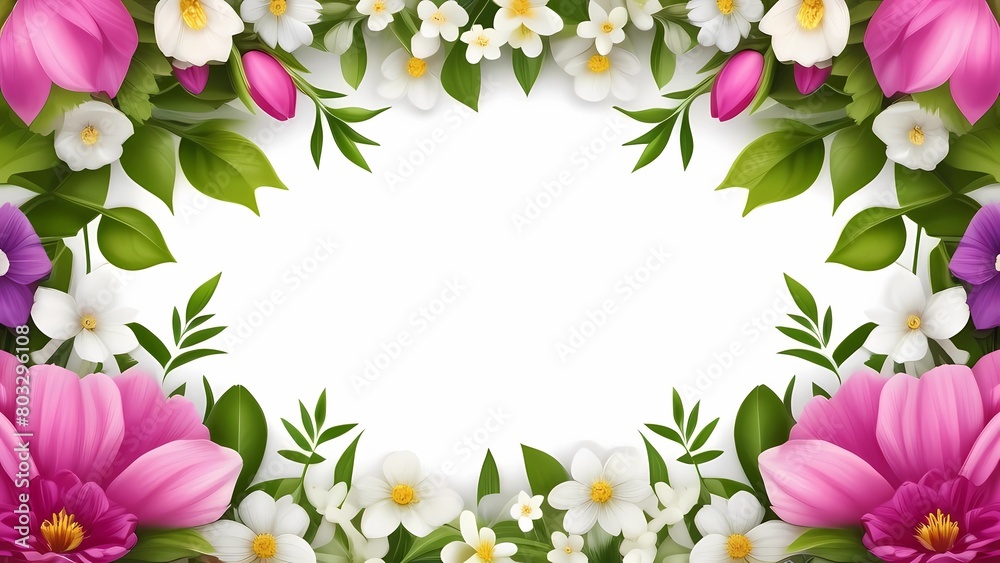 Fototapeta premium Фон с цветочной рамкой с изображением весенних цветов. Свободное место для слов. Выполненно в акварельном стиле
