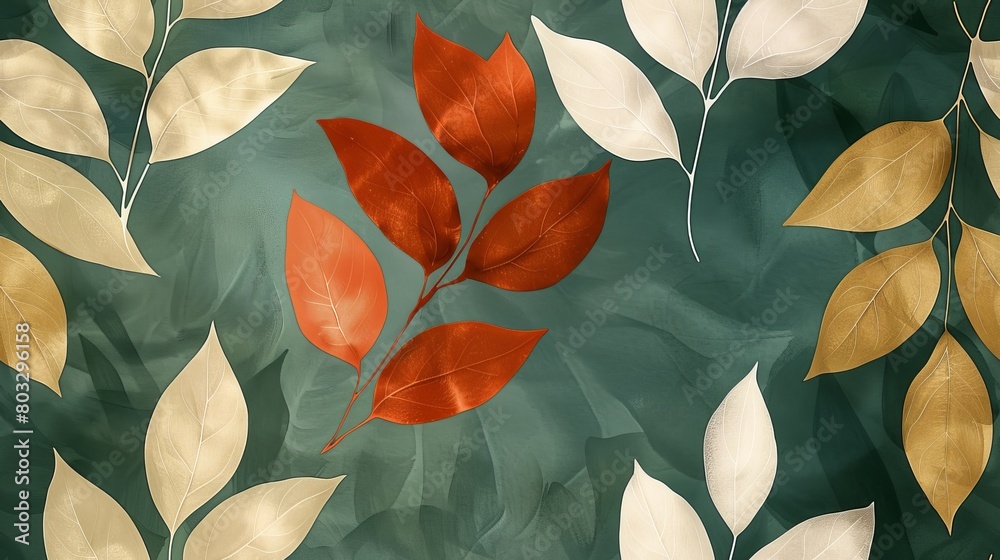 A small leaf with vibrant colors of Cascades green, Bakelite gold, Highly-reflective white, and Rejuvenate coral on a minimalist background with negative space. A small leaf with vibrant colors of Cascades green, Bakelite gold, Highly-reflective white, and Rejuvenate coral on a minimalist background with negative space.
