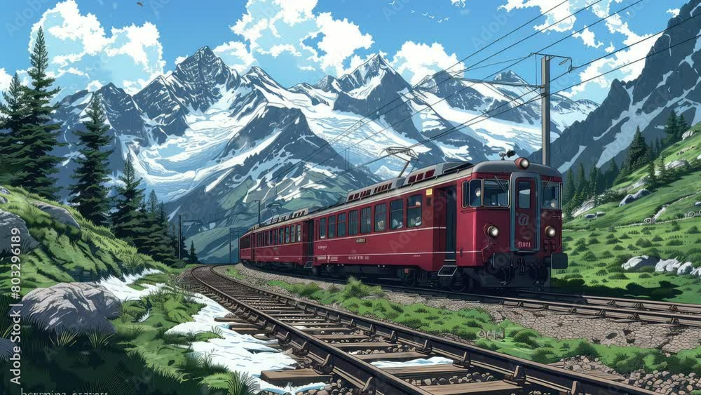 Animation amazing red train in the switzerland mountain. seamless 4k video looping background. generated with ai Animation amazing red train in the switzerland mountain. seamless 4k video looping background. generated with ai