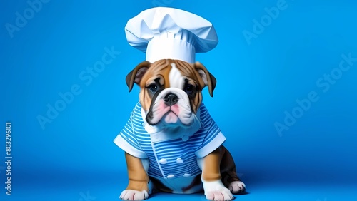 Cute English bulldog puppy on isolated blue background in chef costume