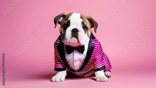 Cute English bulldog puppy on isolated pink background in festive costume 