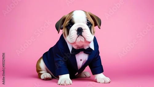 Cute English bulldog puppy on isolated pink background in festive costume 