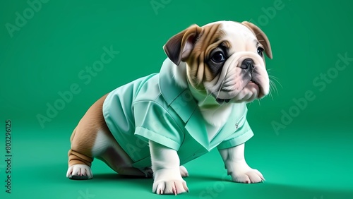 Cute English bulldog puppy on isolated green background in doctor's costume