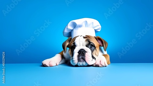 Cute English bulldog puppy on isolated blue background in chef costume