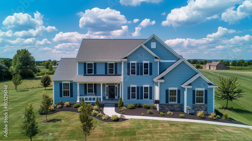 A wide-angle aerial shot showcases the serene periwinkle home adorned with siding and shutters, exuding charm amidst the tranquil surroundings of the suburban landscape on a sunny day. © Sana