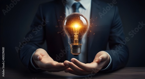 Ai tech concept, Artificial Intelligence technology on hand. Businessman hold lightbulb Global Internet, Ai brian connect robot chat with digital chatbot. New idea business growth with creative powe . photo