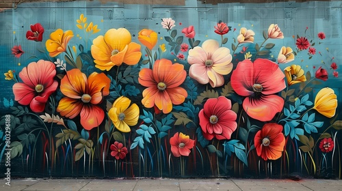 Floral Fusion: Vibrant Mural in the City, generative ai