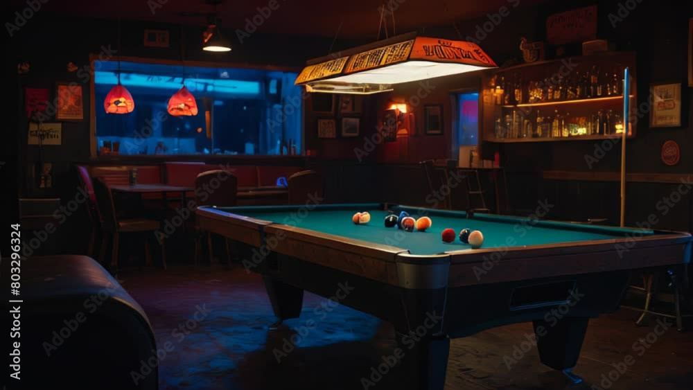A dimly lit bar room with a pool table and some chairs.