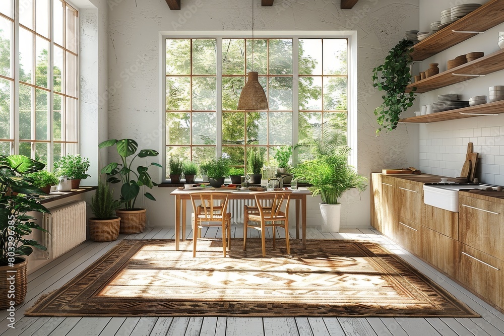 A beautifully designed rustic yet modern kitchen bathed in natural sunlight through large windows A beautifully designed rustic yet modern kitchen bathed in natural sunlight through large windows