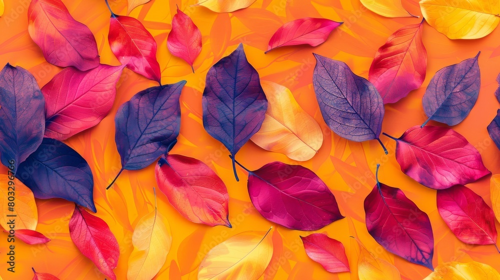 Vibrant small leaf in Radiant Yellow, Living Coral, and Purple colors set against a minimal background with negative space.