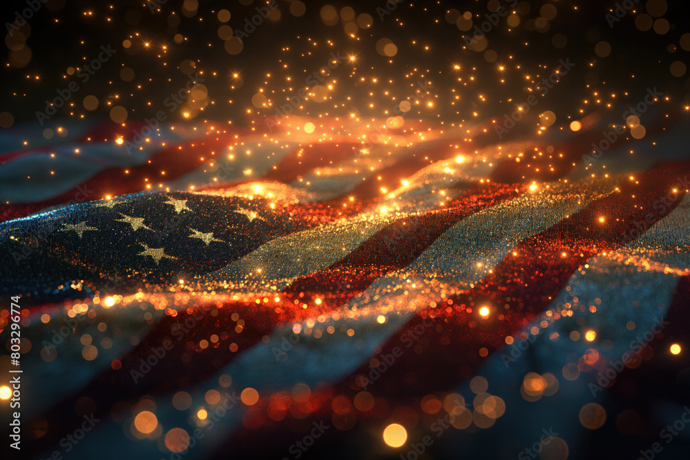 Obraz premium A flag with stars and stripes is lit up with bright lights. Concept of patriotism and pride in the American flag