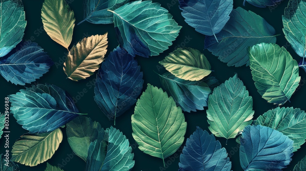 A small leaf in vibrant Tanager Turquoise, Teal Blue, and Kelly Green colors set against a minimal, negative space background.