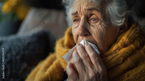 An elderly woman resting at home struggles with the inconvenience of a seasonal illness. She wore a blanket and sneezed into a tissue. To overcome the flu with agility and grace despite discomfort.