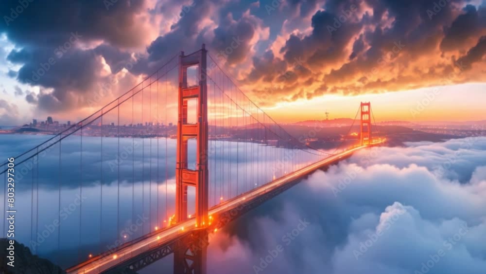Amazing aerial views from the Golden Gate bridge in San Francisco, fog, trails of light