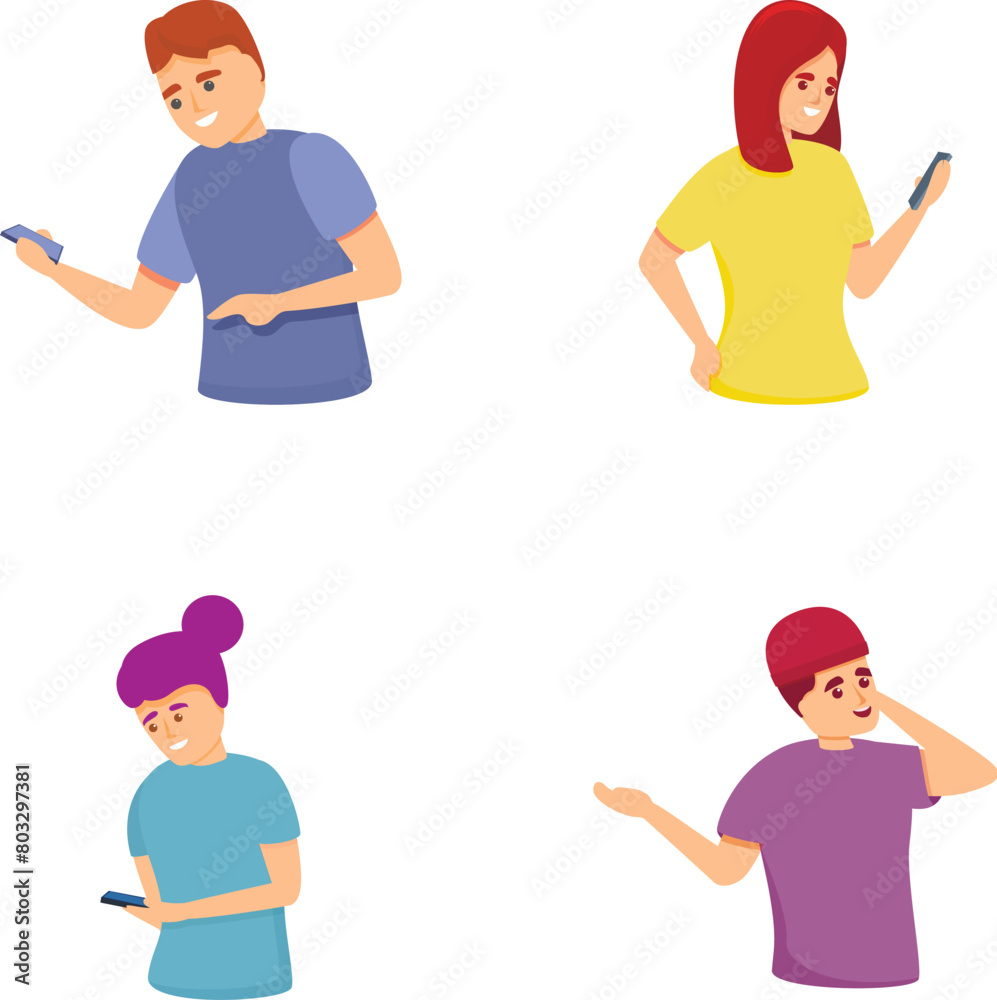 Fototapeta premium Smartphone addiction icons set cartoon vector. Human talking and typing on phone. Modern technology