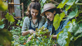 Cheerful women picking fresh vegetables in a lush greenhouse, wearing casual denim outfits.