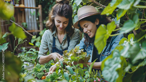 Cheerful women picking fresh vegetables in a lush greenhouse, wearing casual denim outfits.