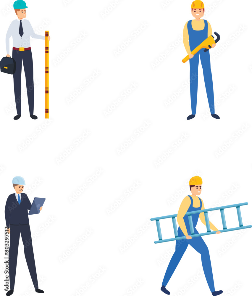 Professional builder icons set cartoon vector. Male builder and contractor. Working on construction site Professional builder icons set cartoon vector. Male builder and contractor. Working on construction site