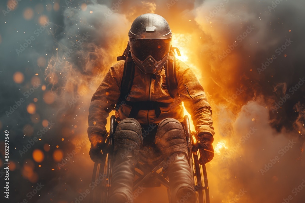 Firefighter in protective gear sitting in wheelchair Firefighter in protective gear sitting in wheelchair