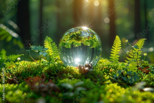 A crystal ball reflecting the forest surroundings highlights a sense of magic within the serenity of nature photo