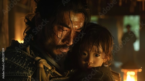 A Samurais Intimate Guardianship A Warriors Deep Connection with a Child under the Warmth of a Lanterns Glow