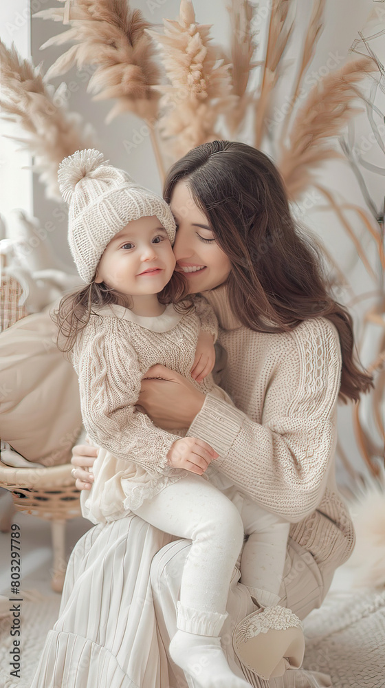 A tender moment between a mother and her toddler, both dressed in warm winter attire, in a beautifully decorated room. A tender moment between a mother and her toddler, both dressed in warm winter attire, in a beautifully decorated room.