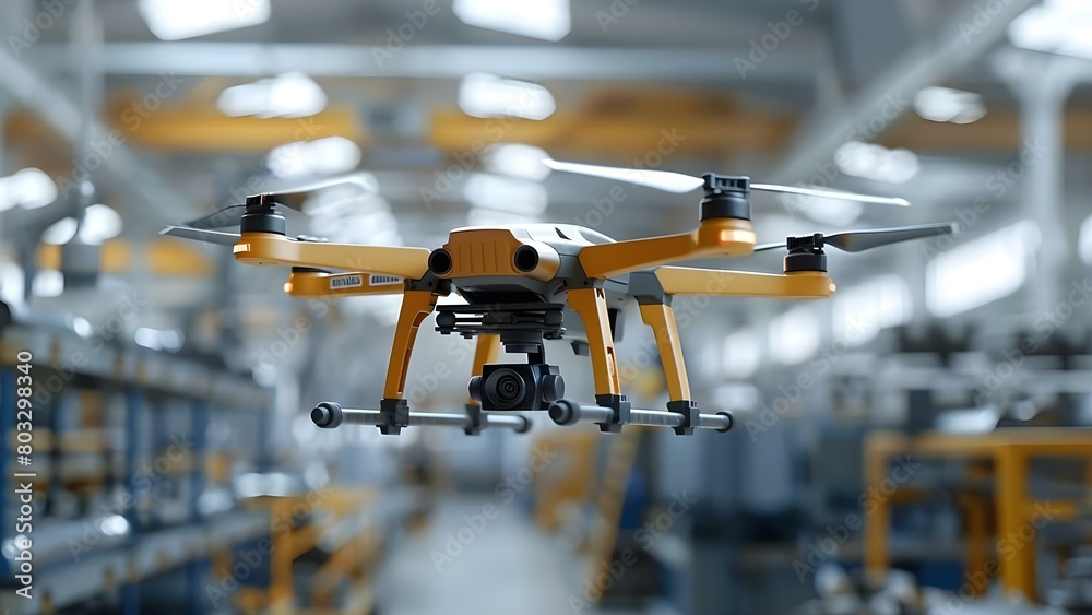 Drones monitor factory for hazards preventing accidents with proactive safety measures. Concept Factory Safety, Drone Monitoring, Hazard Prevention, Accident Prevention, Proactive Safety Measures