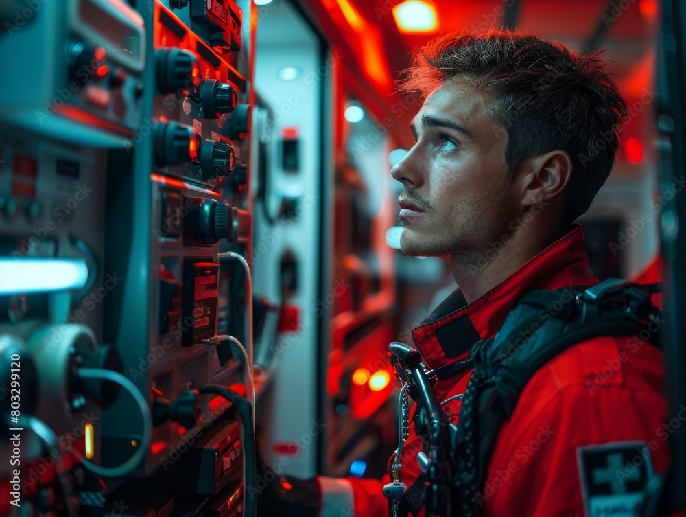 paramedic checking medical equipment in ambulance paramedic checking medical equipment in ambulance