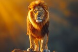 A majestic lion stands on a rock in the savanna