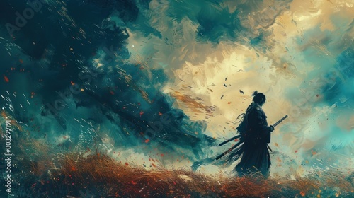 Warriors Compassion A Samurai Protectively Holds a Child Under a Stormy Sky Mirroring the Enduring Spirit of Van Gogh
