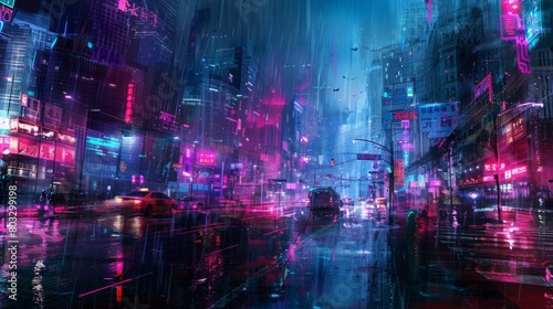 Futuristic cyberpunk city by night under rain with neon-lit skyscrapers and glowing billboards © Yusif
