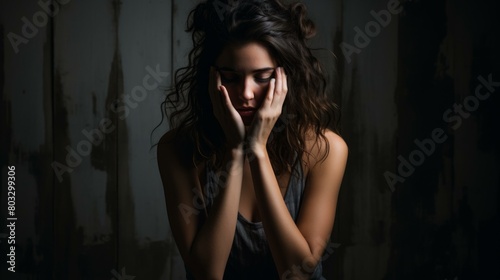 Young woman sitting with her hands on her face photo