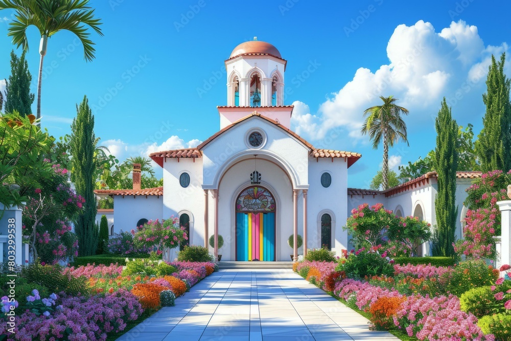 Obraz premium Small colorful church with a bell tower surrounded by palm trees and flowers