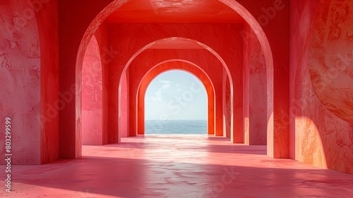 Pink surreal minimal interior with arches and ocean view