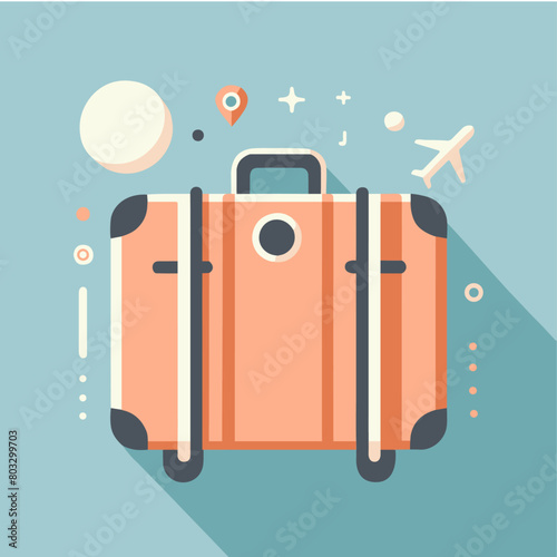 grafica vettoriale illustrativa di valigia arancione su sfondo azzurro cielo con aereo in volo e luna photo