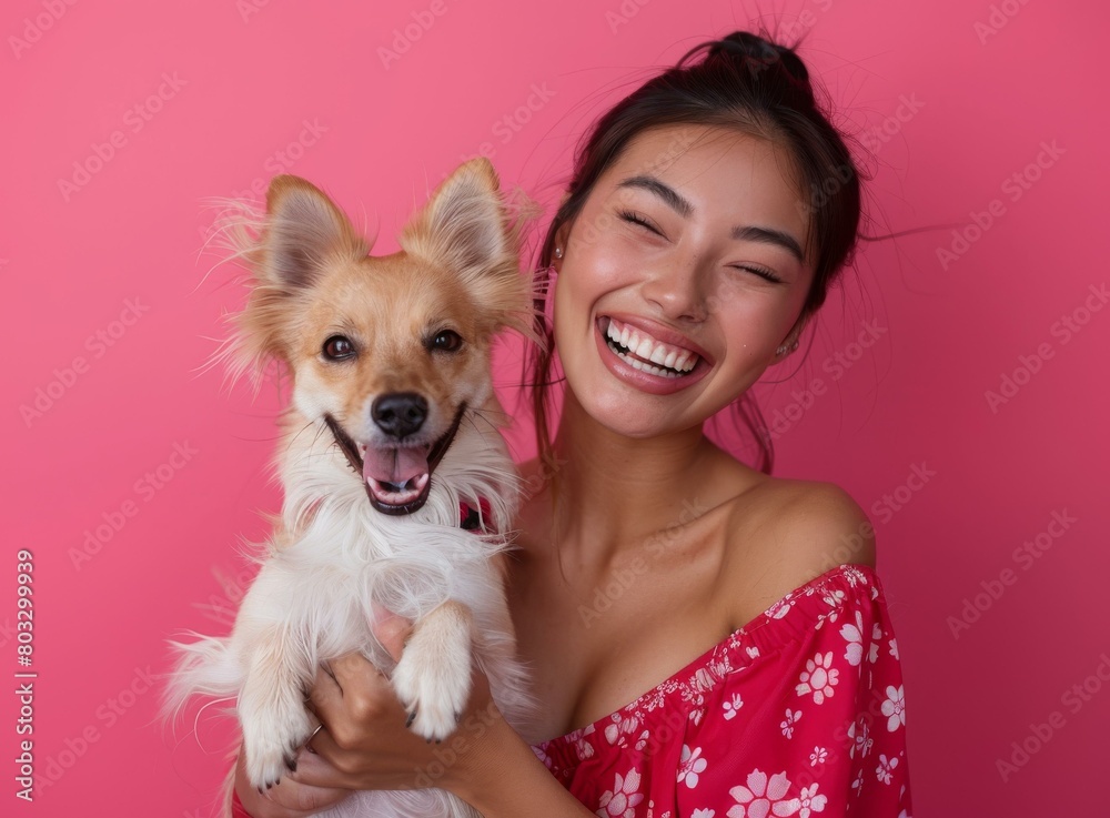 A beautiful young woman with long black hair and a bright smile is holding a small dog with a white and brown coat. A beautiful young woman with long black hair and a bright smile is holding a small dog with a white and brown coat.
