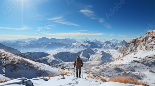A lone hiker traverses a snowy mountain landscape