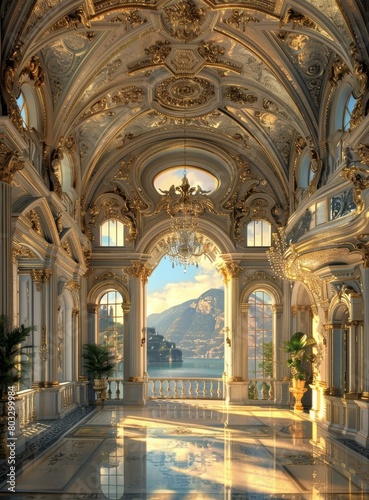 ornate ballroom with a view of a lake and mountains