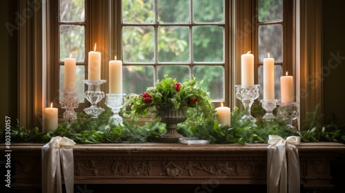 Elegant Christmas mantelpiece with candles and greenery