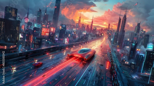 Glowing Metropolis: Hovercars and Skyscrapers in the Night, generative ai photo