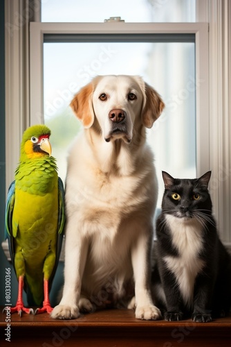 A parrot  a dog  and a cat are sitting on a wooden table in front of a window.