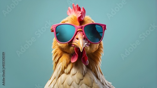 imaginative animal notion. Isolated on a solid pastel background, a chicken hen wearing sunglasses is a surrealist editorial advertisement. © Ali Khan