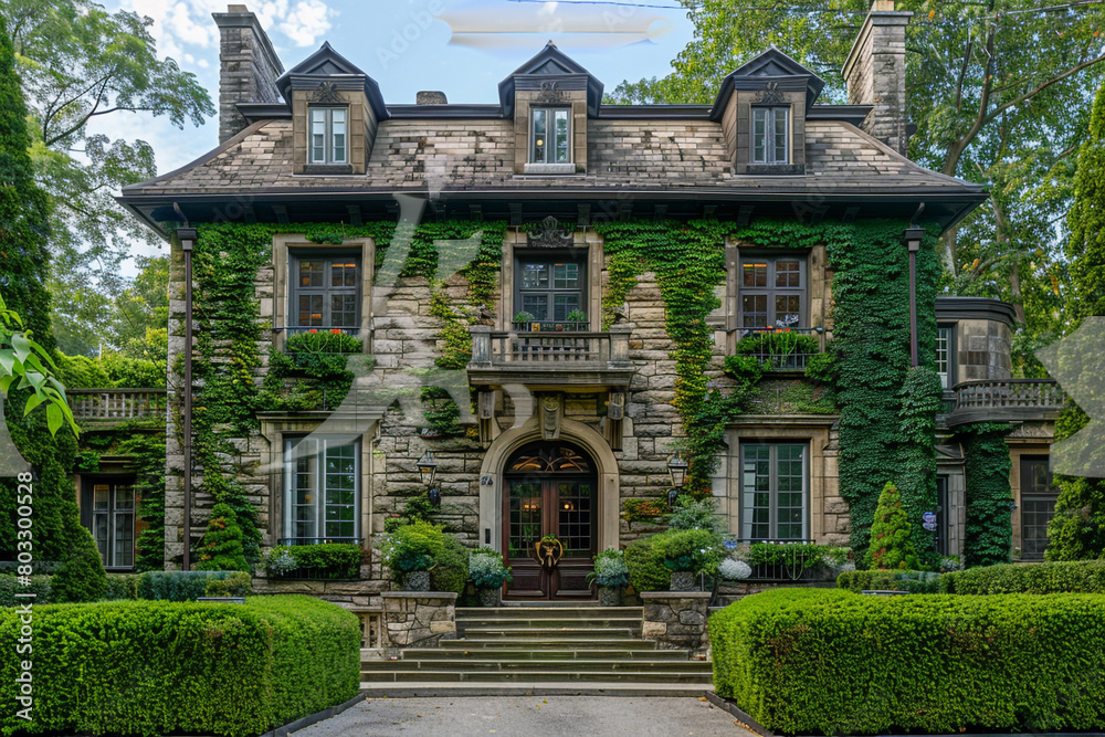 Full front view of a classic house in rich espresso, with a stone facade and a lush, green ivy-covered entrance.