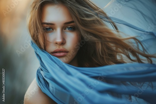 Portrait of a young woman with long blond hair and blue eyes  wearing a blue scarf