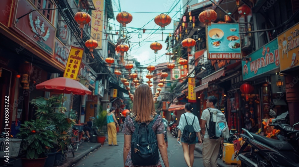 Female travelers explore Asia, Thailand, and delight in the bustling streets of Bangkok's lively Yaowarat district.