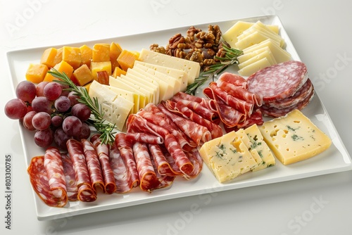 A beautiful platter of assorted cheeses, charcuterie, grapes, and nuts displayed on a white table.