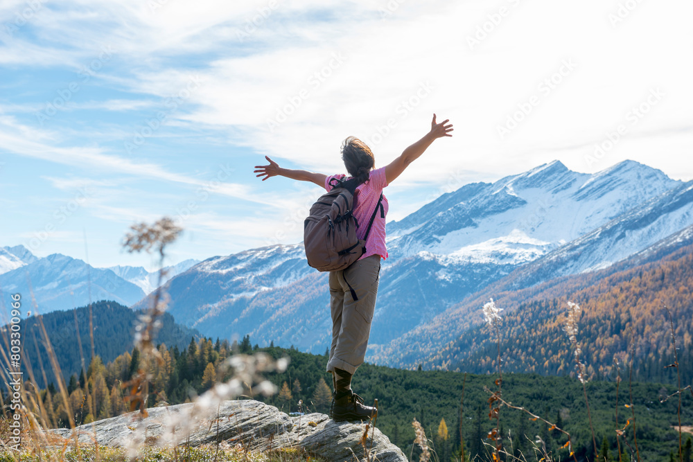 Woman Hiking and with Her Arms Outstretched and Enjoy Mountain Scape with Snow in San Bernardino, Grisons, Switzerland. Woman Hiking and with Her Arms Outstretched and Enjoy Mountain Scape with Snow in San Bernardino, Grisons, Switzerland.