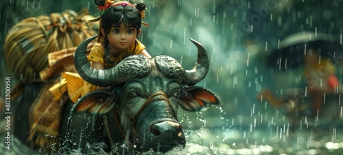 An illustration of a girl riding a carabao in the rain photo