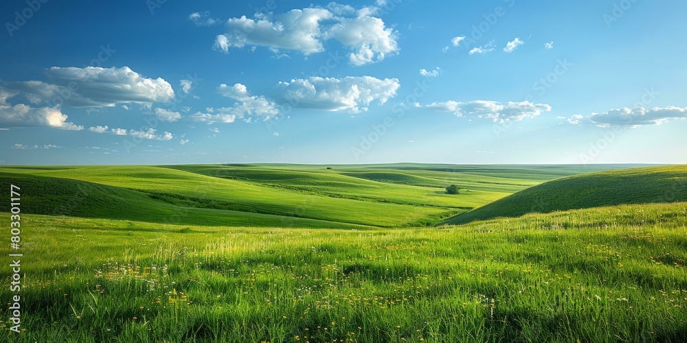 Fototapeta premium idyllic green rolling hills landscape under blue sky with white clouds